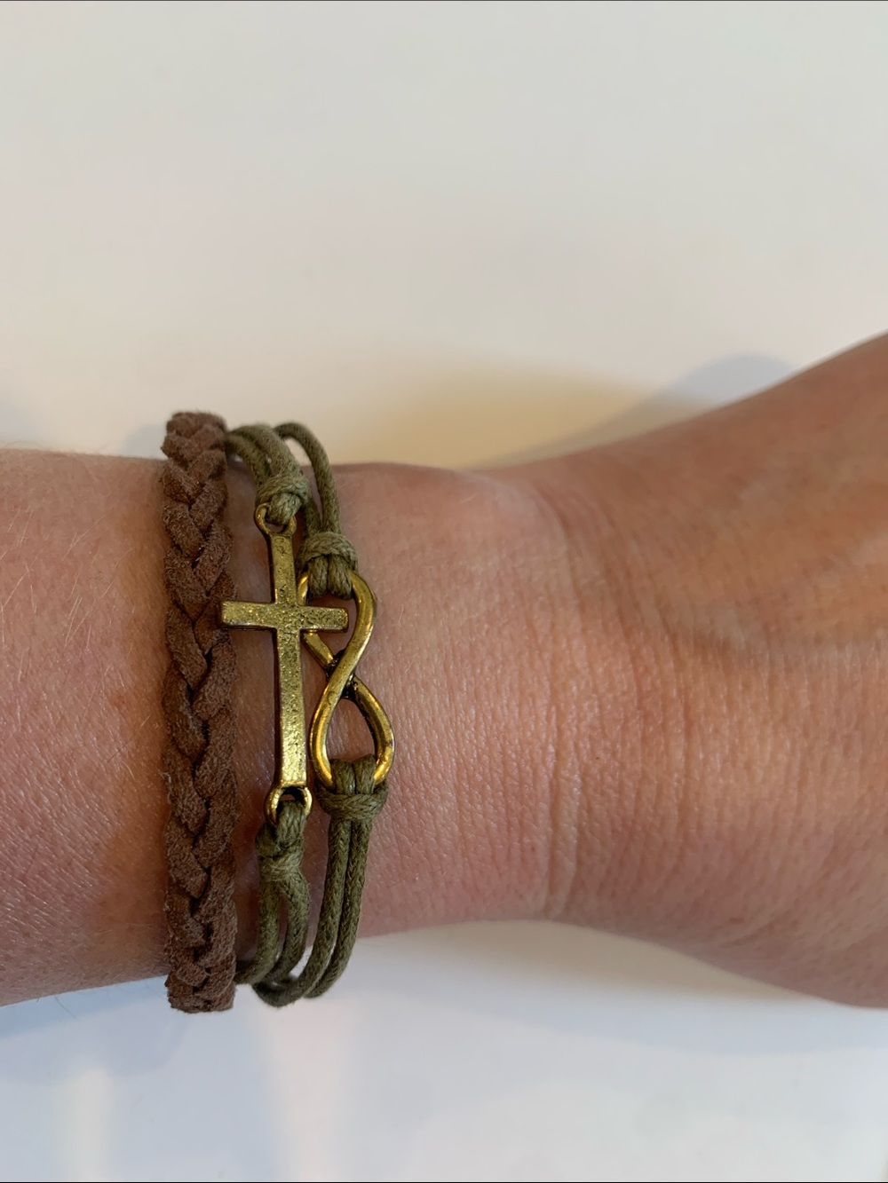 Multi-Strand Braided Faux Leather Cross & Infinity Bracelet Olive Green & Brown